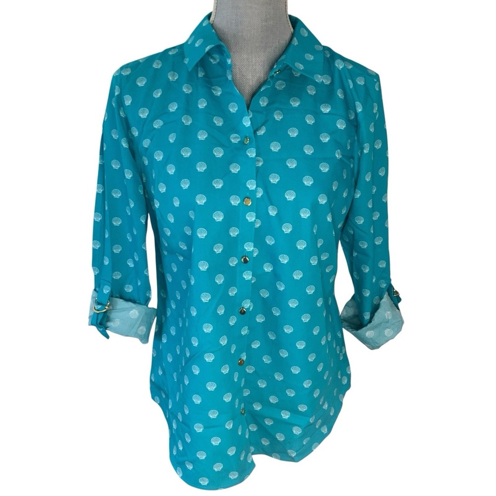 Chicos No Iron Button Up Shirt Top Cotton Sz 1 Medium Sea Shell Tropical Coastal